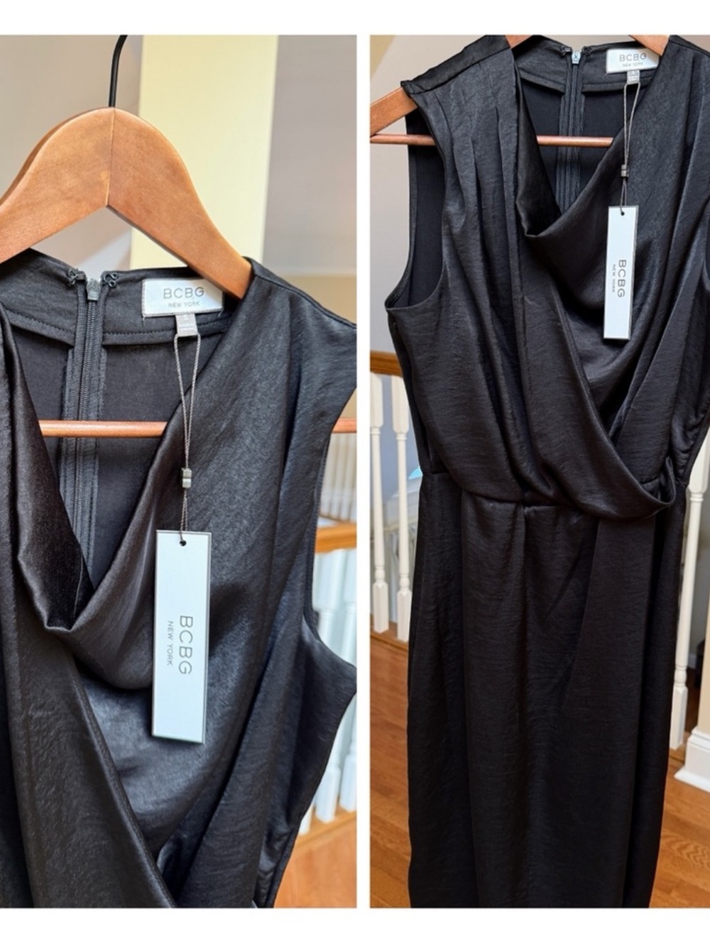 BCBG satin look cowl neck wrap effect dress